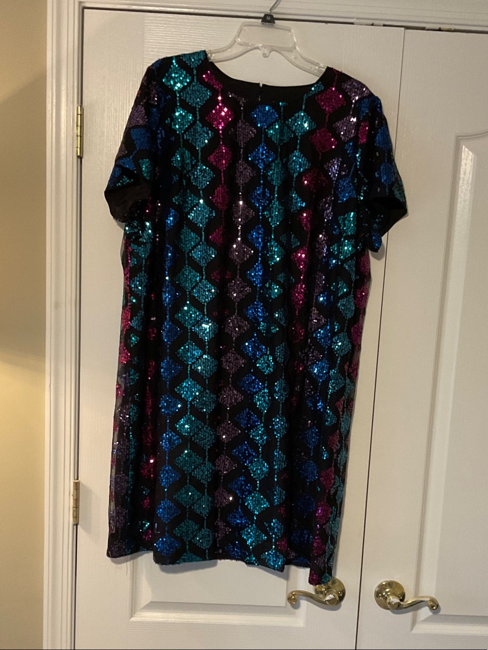 London Times Black Sequin Mini Dress with Teal Blue and Fuchsia Accents